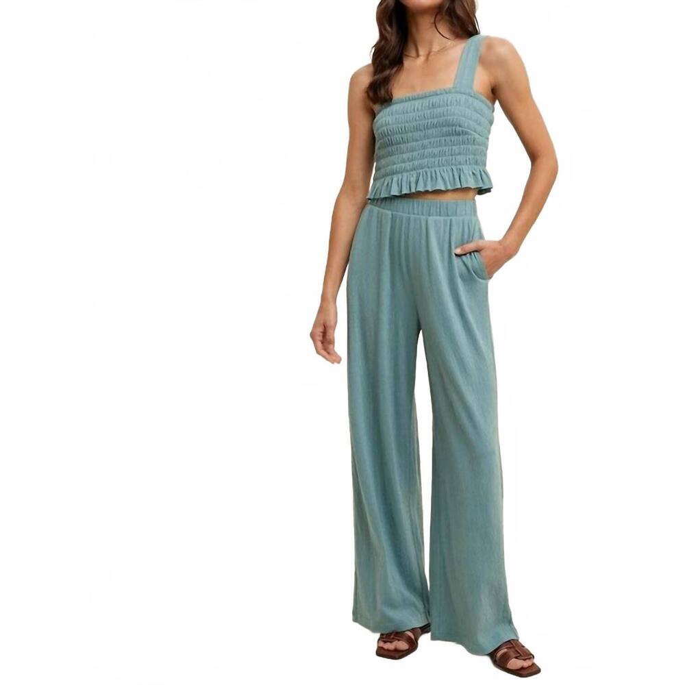 NEW WISHLIST crinkle knit top and pants set in dark sage